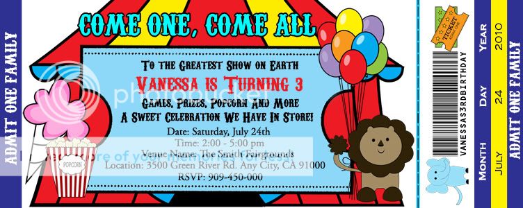 CARNIVAL / CIRCUS BIRTHDAY PARTY TICKET INVITATIONS  